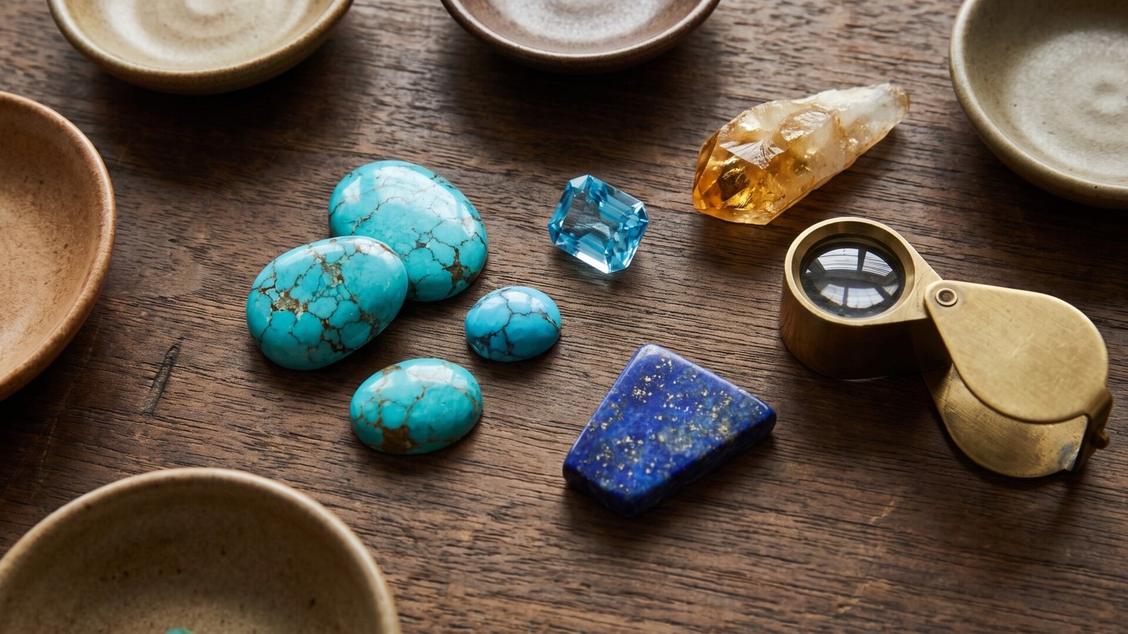 Collection of Sagittarius birthstones including turquoise cabochons, faceted blue topaz, lapis lazuli, and raw citrine