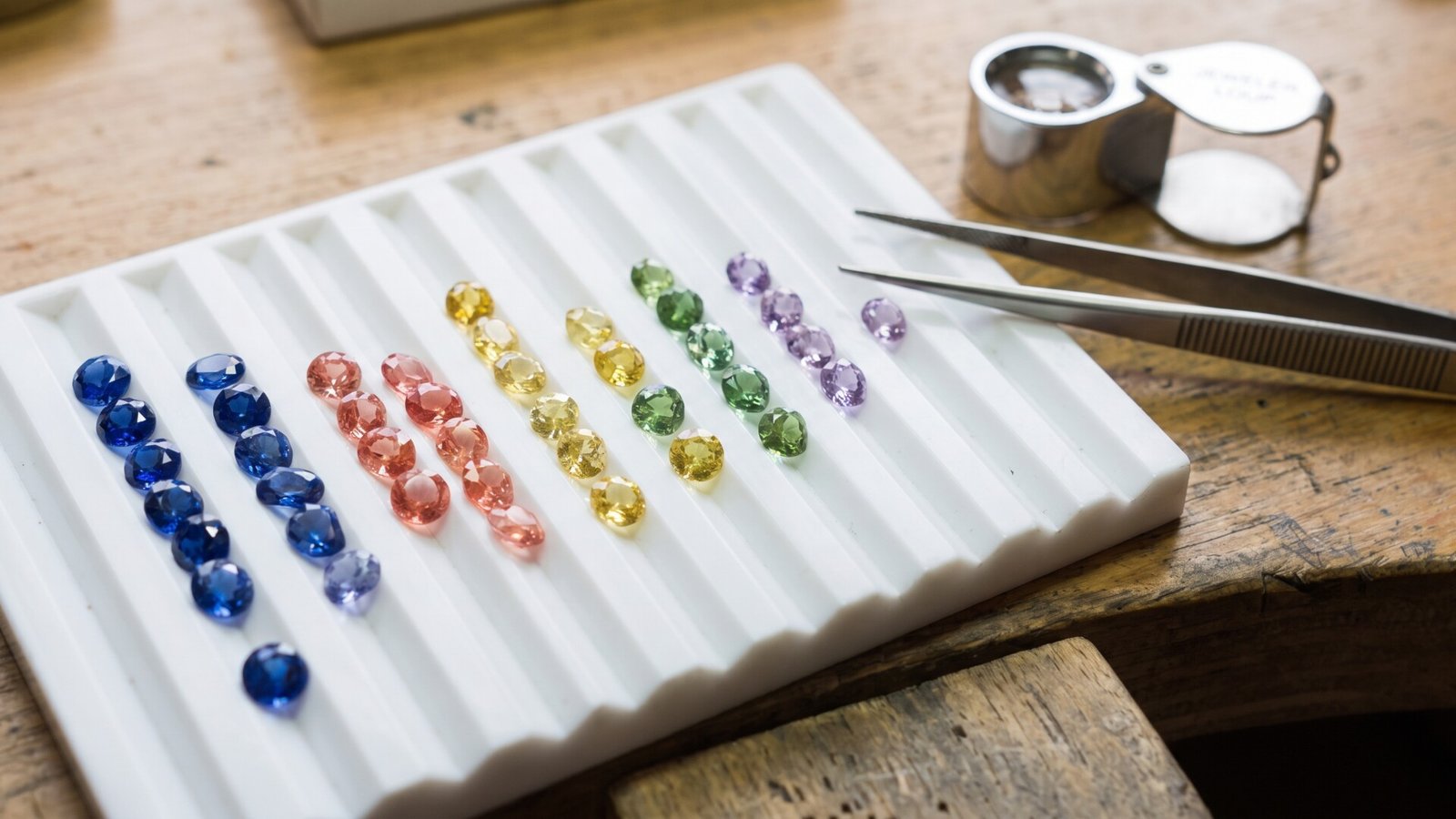 Faceted sapphires arranged by color in a white sorting tray beside gemologist tweezers and a loupe