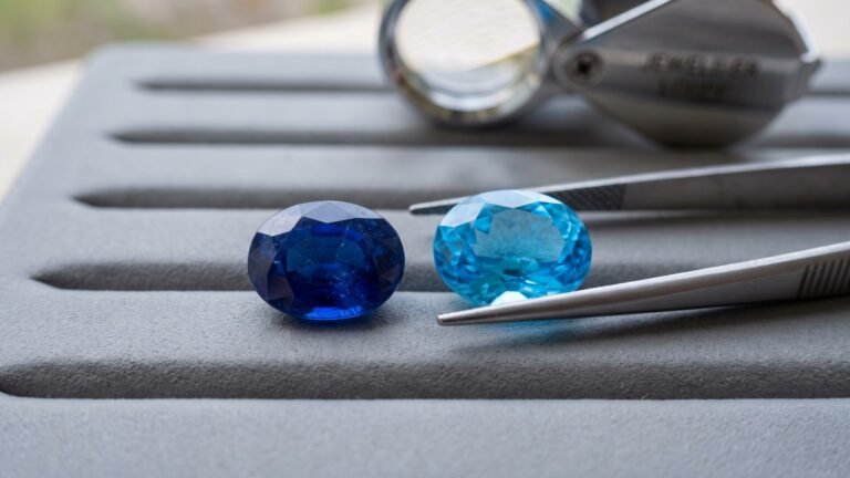 Faceted deep blue sapphire beside a light blue topaz with tweezers and jeweler's loupe on a gem tray