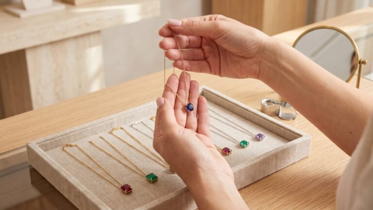 Woman holding a blue gemstone pendant necklace above a jewelry tray displaying colorful birthstone necklaces