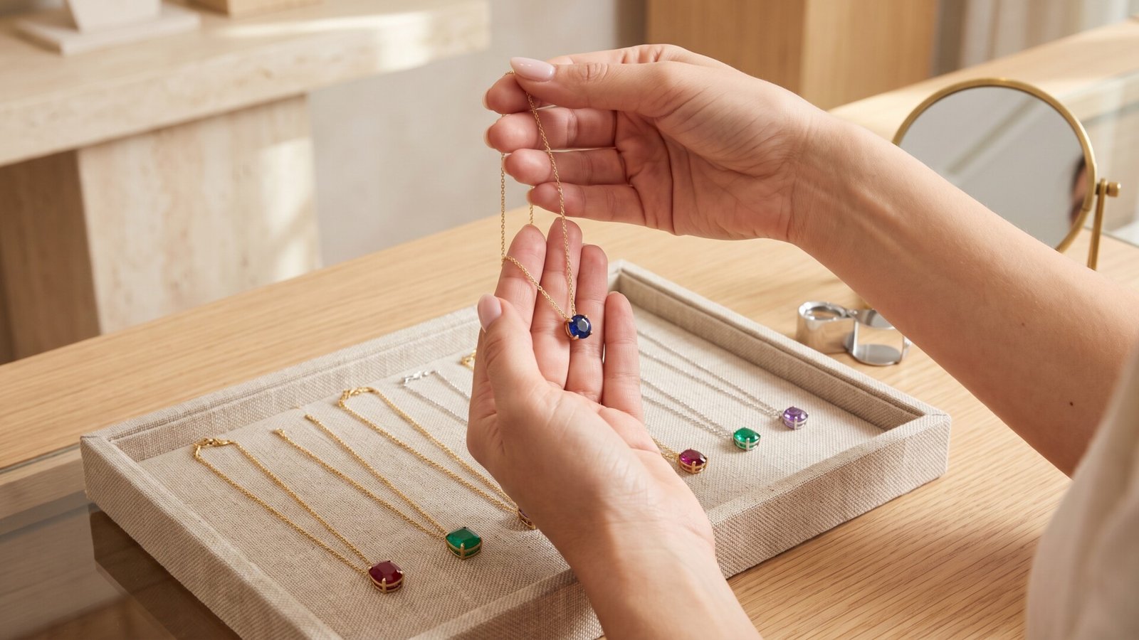 Woman holding a blue gemstone pendant necklace above a jewelry tray displaying colorful birthstone necklaces