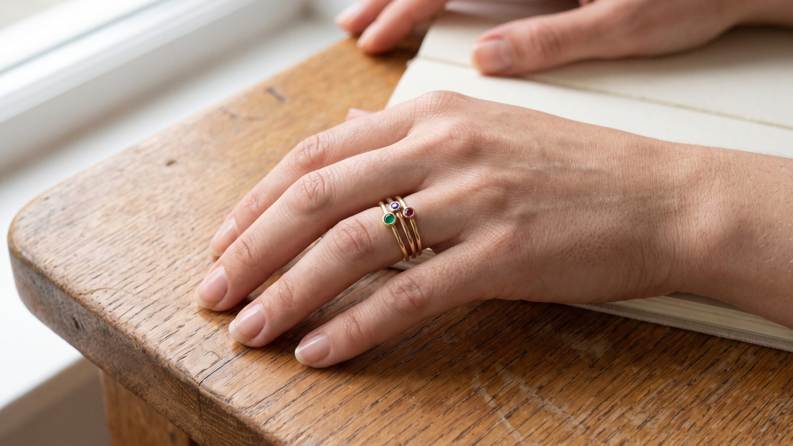 Stack of three dainty gold rings with green, purple, and red gemstones worn on a hand over an open notebook