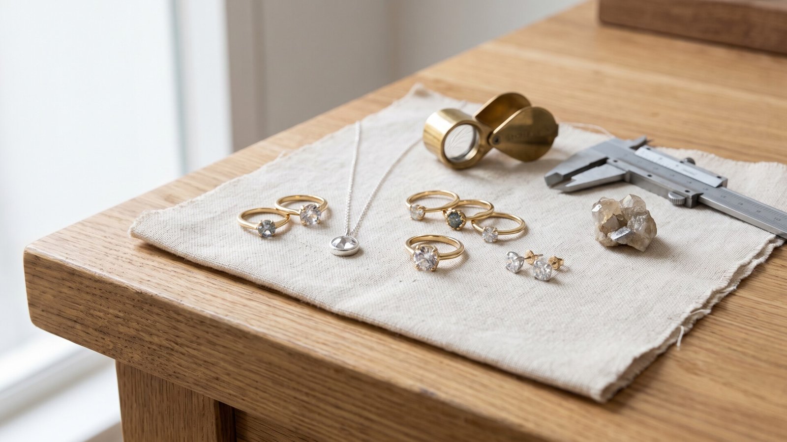 Eco-friendly gold rings, pendant necklace, and stud earrings arranged with jeweler tools on cloth