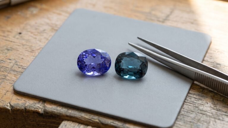 Faceted oval tanzanite and cushion-cut London Blue topaz side by side on an inspection tray with tweezers
