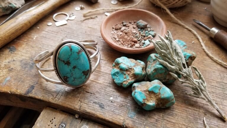 Silver turquoise cuff bracelet resting on a wooden workbench beside raw turquoise nuggets and dried sage
