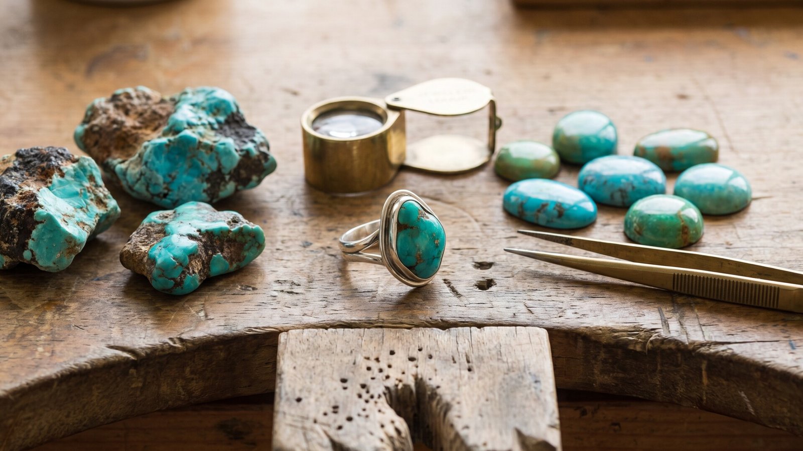 Rough turquoise rocks, polished cabochons, and a silver ring beside tools on a wooden jeweler workbench