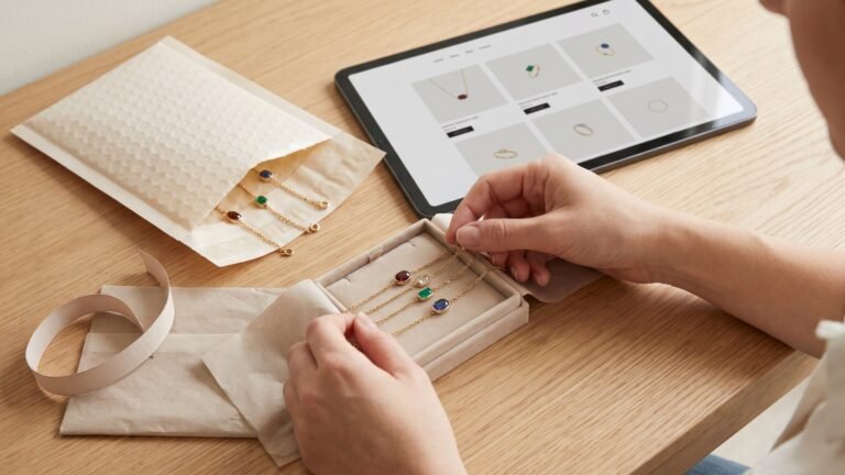 Delicate gemstone bracelets unpacked onto a desk beside a tablet displaying an online jewelry store
