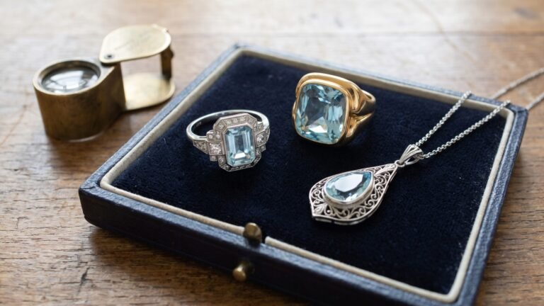 Vintage aquamarine rings and a filigree pendant displayed on a dark blue velvet tray alongside a jeweler's loupe
